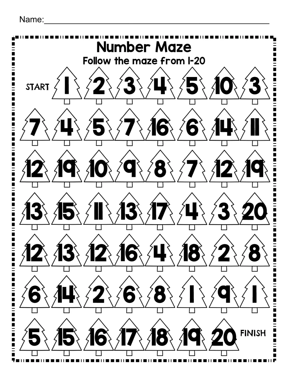 Number Maze 1-20: students trace a path through numbered Christmas trees in counting order from 1 up to 20
