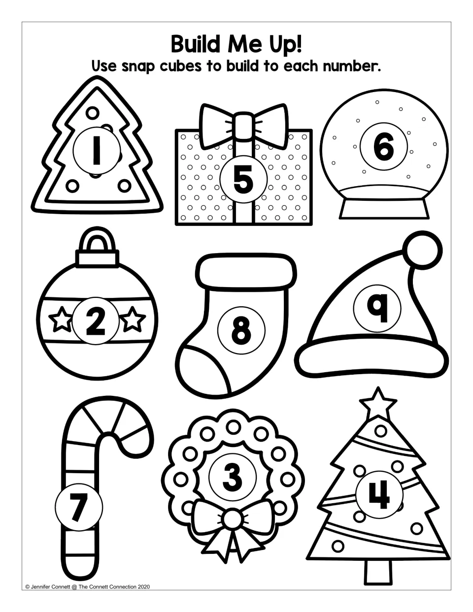 Build Me Up!: students use snap cubes to build to each number 1-9 shown on Christmas pictures such as a gift and stocking