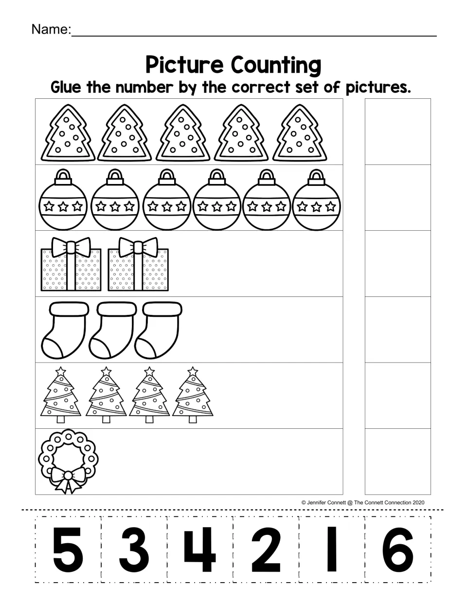 Picture Counting: students count sets of 1 to 6 Christmas pictures, then cut and glue the matching number by each set