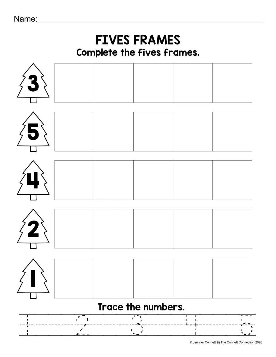 Fives Frames: students fill five frames to show 3, 5, 4, 2 and 1, then trace the numbers 1 to 5 at the bottom