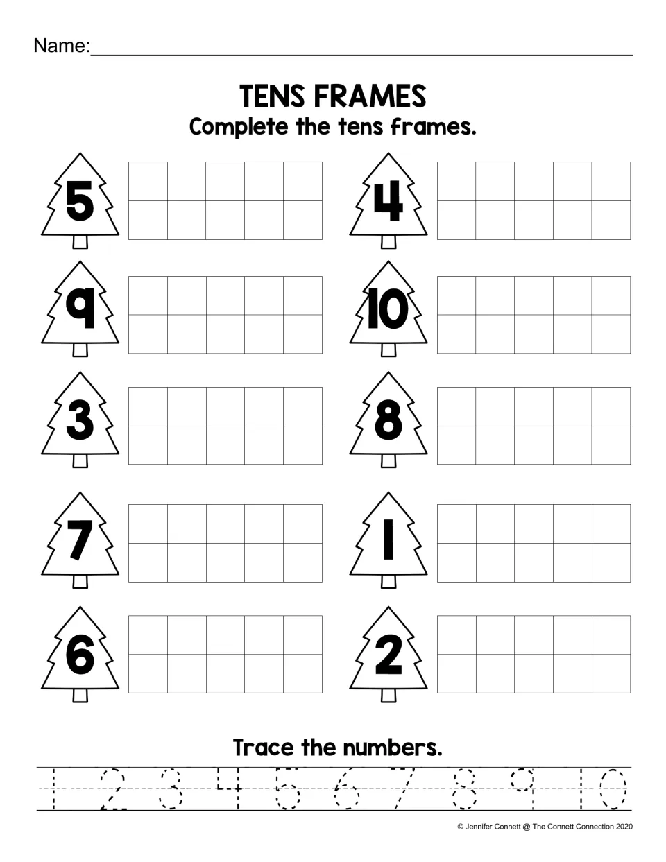 Tens Frames: students fill a ten frame for each number from 1 to 10 shown on a tree, then trace the numbers 1 to 10