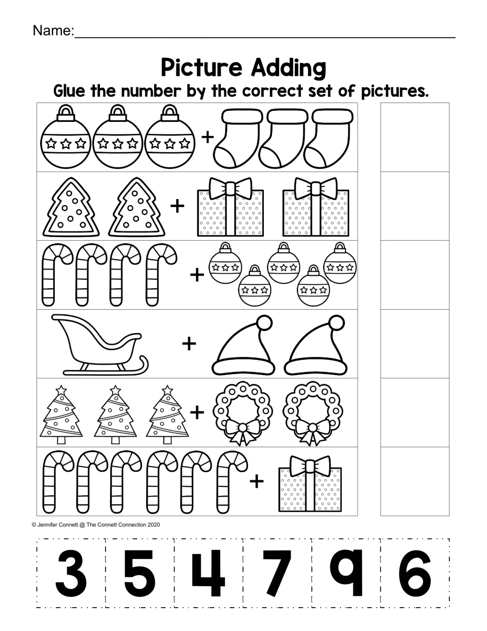 Picture Adding: students add two sets of Christmas pictures, such as 3 ornaments + 3 stockings, and glue on the sum