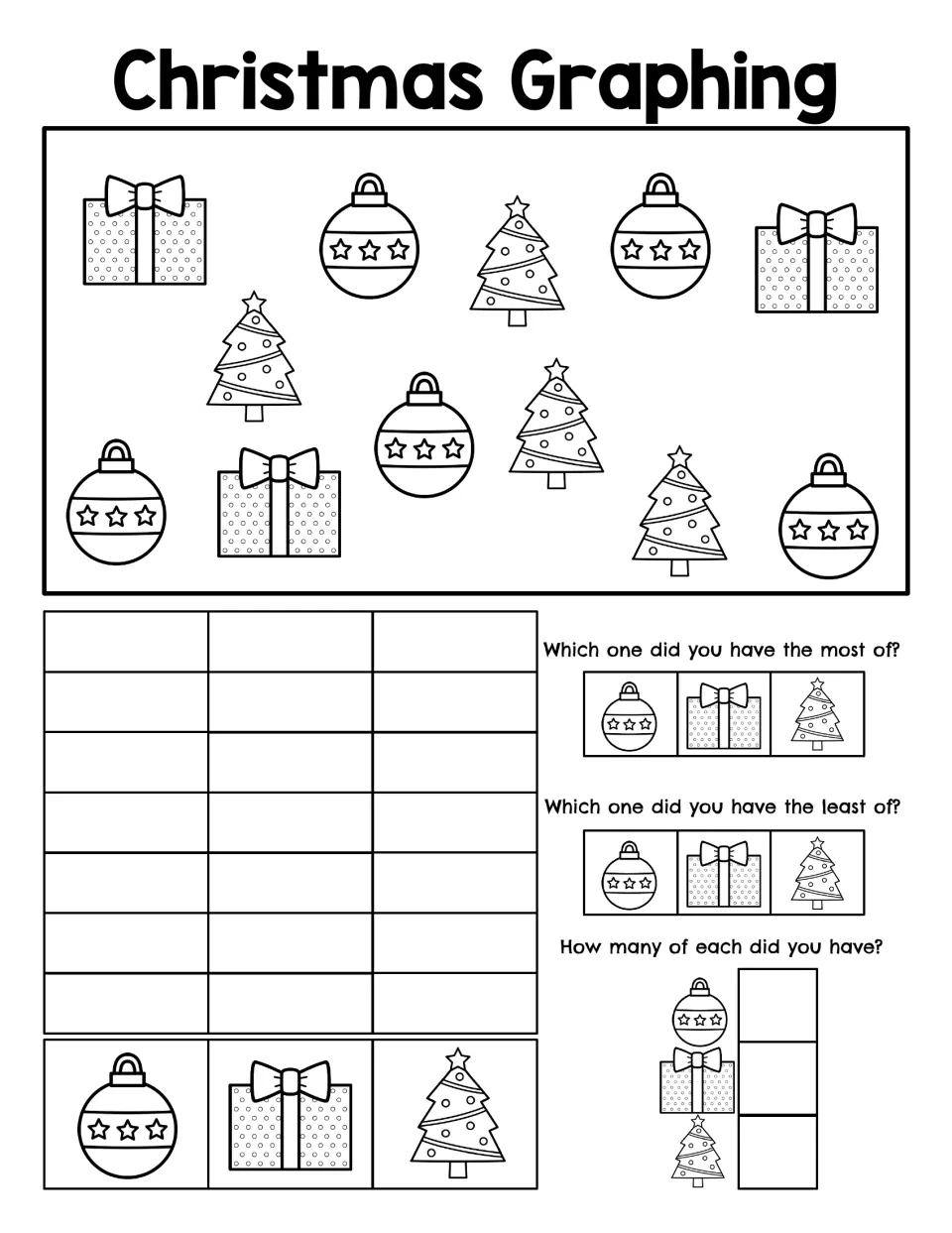 Christmas Graphing: students count ornaments, gifts and trees in a scene, graph them, then answer most, least, how many