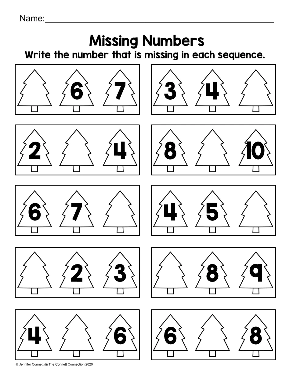 Missing Numbers: students write the missing number in 10 three-tree counting sequences, such as 2, _, 4 and 8, _, 10