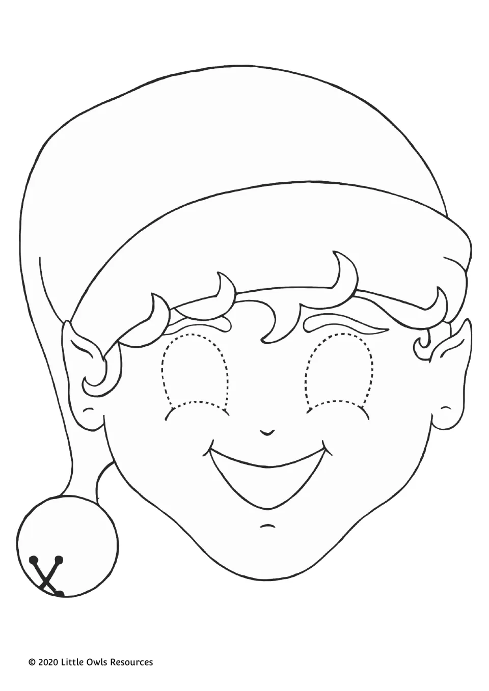 Christmas elf mask to color: smiling elf face with pointed ears, a jingle-bell hat and dashed eye holes to cut out