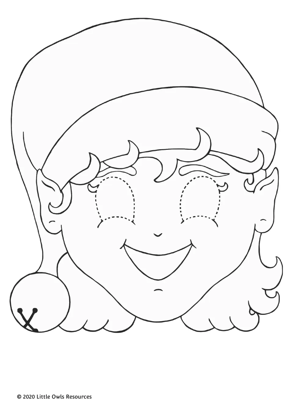 Elf mask outline for coloring: smiling elf with long curly hair, pointed ears, a bell-tipped hat and dashed eye holes