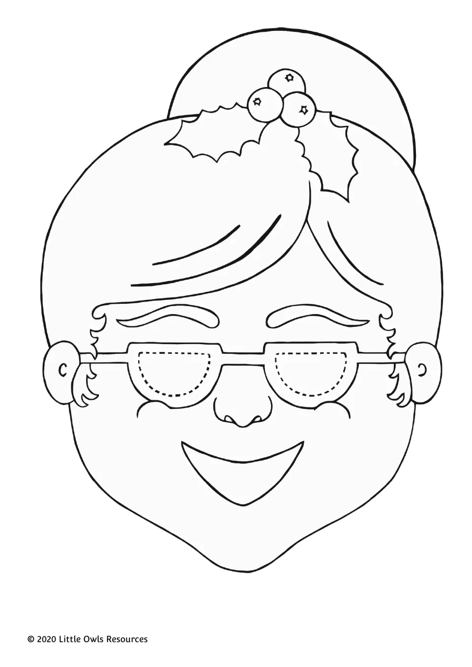 Mask to color of a smiling older woman with glasses and a hair bun topped with holly, with dashed eye holes to cut out