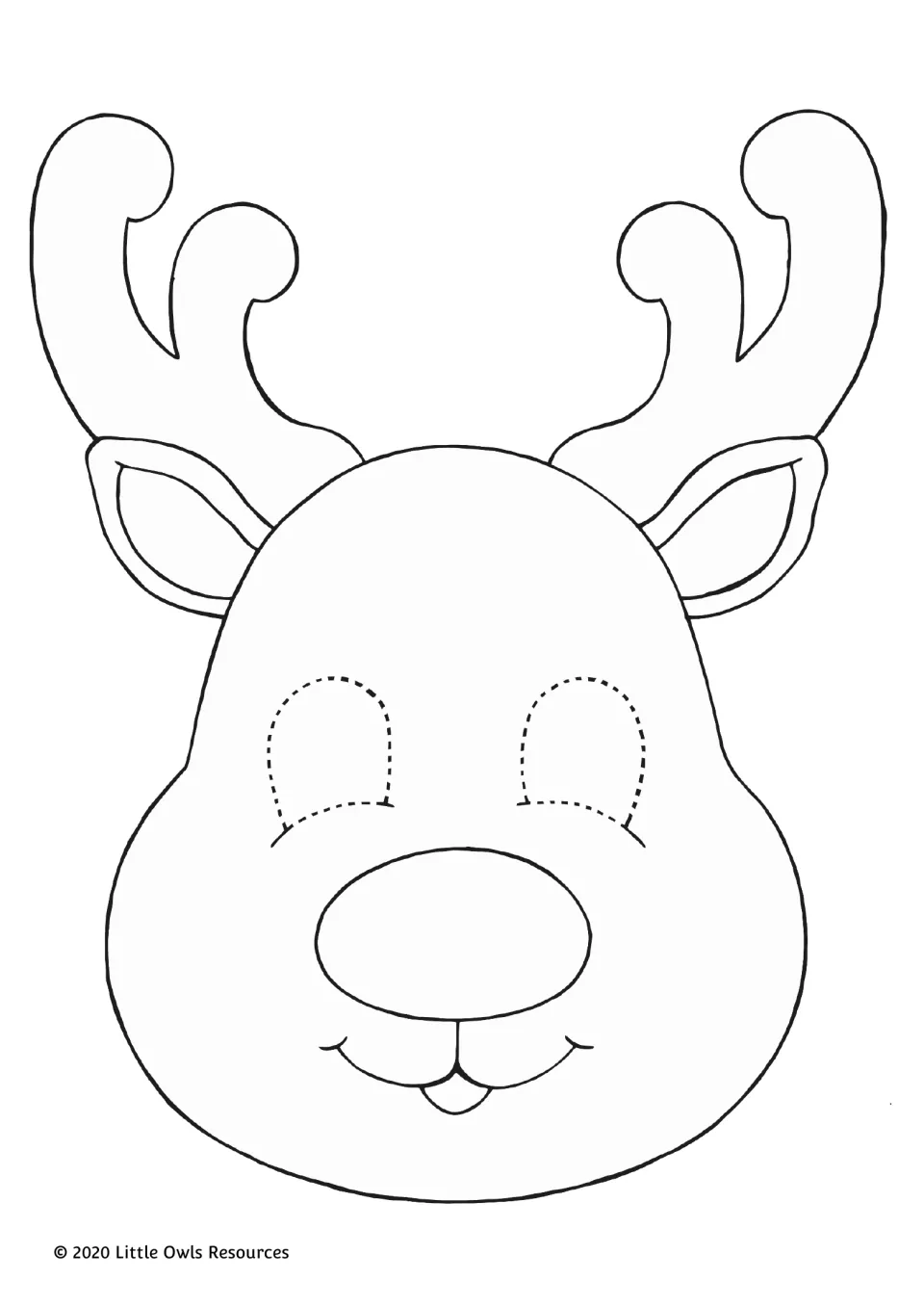 Reindeer mask to color: smiling reindeer face with curled antlers, ears, a big round nose and dashed eye holes to cut out