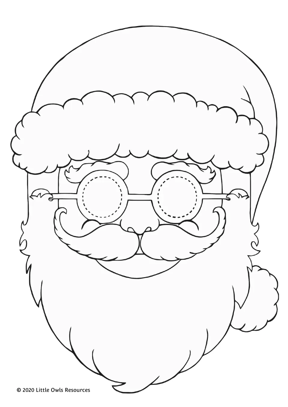 Santa Claus mask to color: Santa with a fur-trimmed hat, round glasses, a curly moustache, full beard and dashed eye holes
