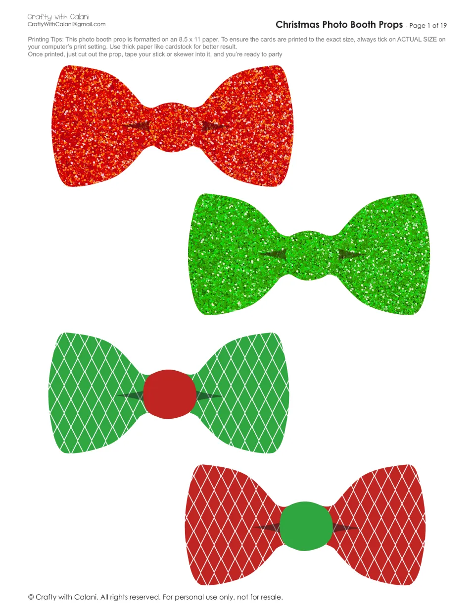 Christmas photo booth bow ties: printing tips, then four red and green glitter and diamond bow ties to cut out and mount