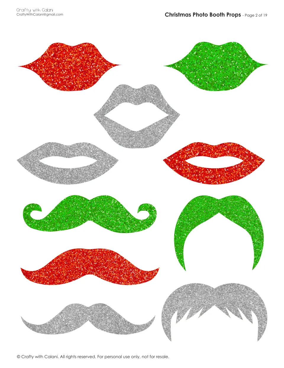 Lips and mustache props: five glitter lips in red, green and silver, plus three mustaches and two hairpieces to cut out