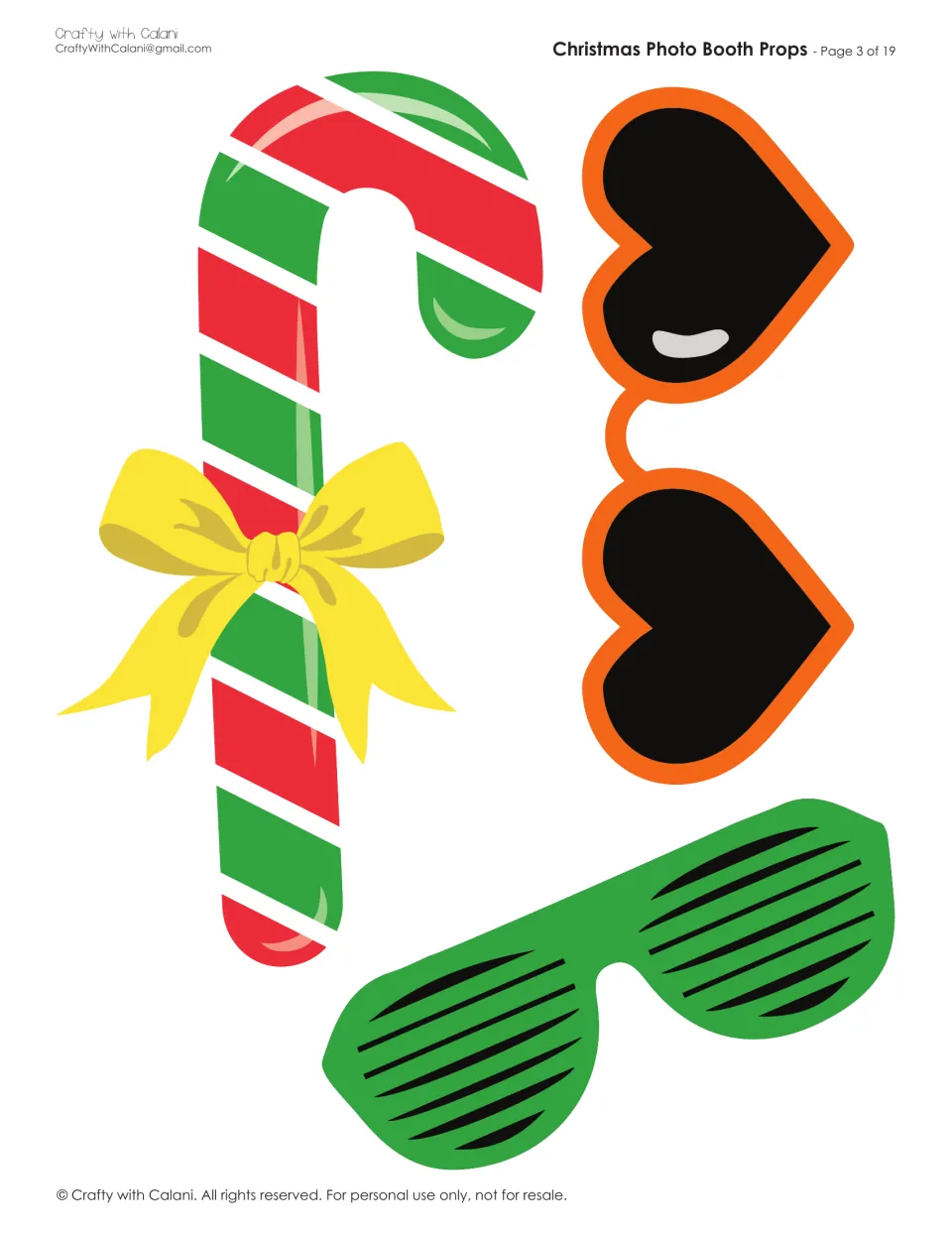 Candy cane and glasses props: striped red and green candy cane with a yellow bow, heart sunglasses and green shutter shades