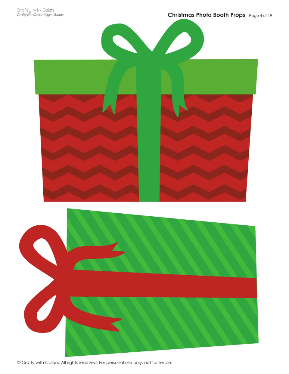 Gift box props: a red chevron present with a green ribbon and a green striped present with a red bow, ready to cut out