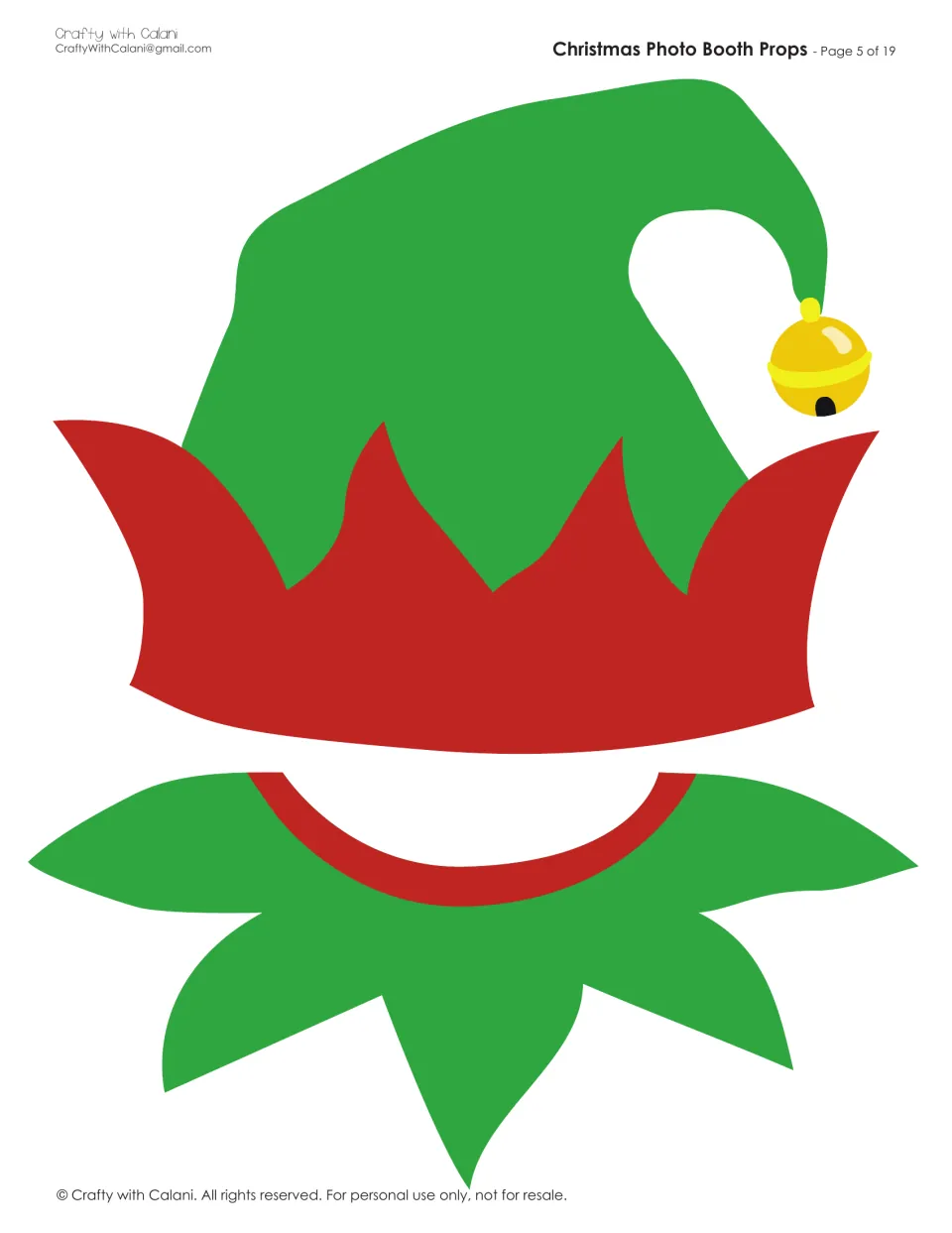 Elf costume prop: green elf hat with a red cuff and gold jingle bell above a green pointed collar, framing the face