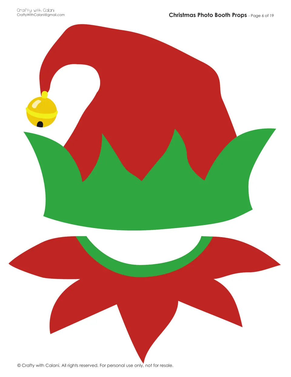 Red elf hat prop with a green cuff and gold bell, paired with a red pointed elf collar trimmed in green