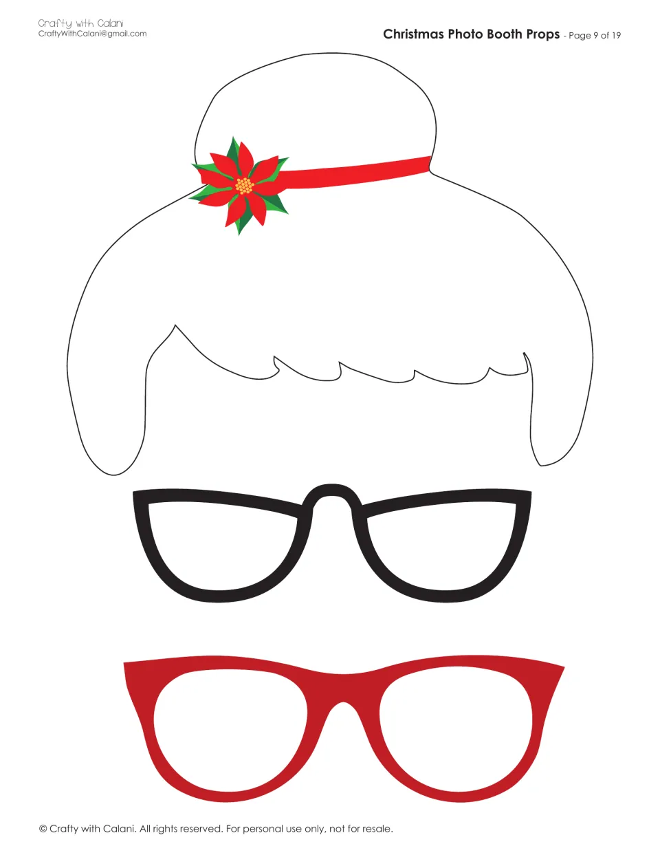 Hair and glasses props: outlined white bun hairstyle with a red poinsettia headband, plus black cat-eye and red glasses