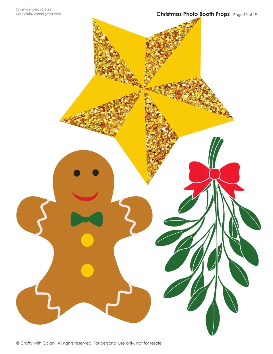 Holiday symbol props: gold glitter star, smiling gingerbread man with a green bow tie, and mistletoe tied with a red bow