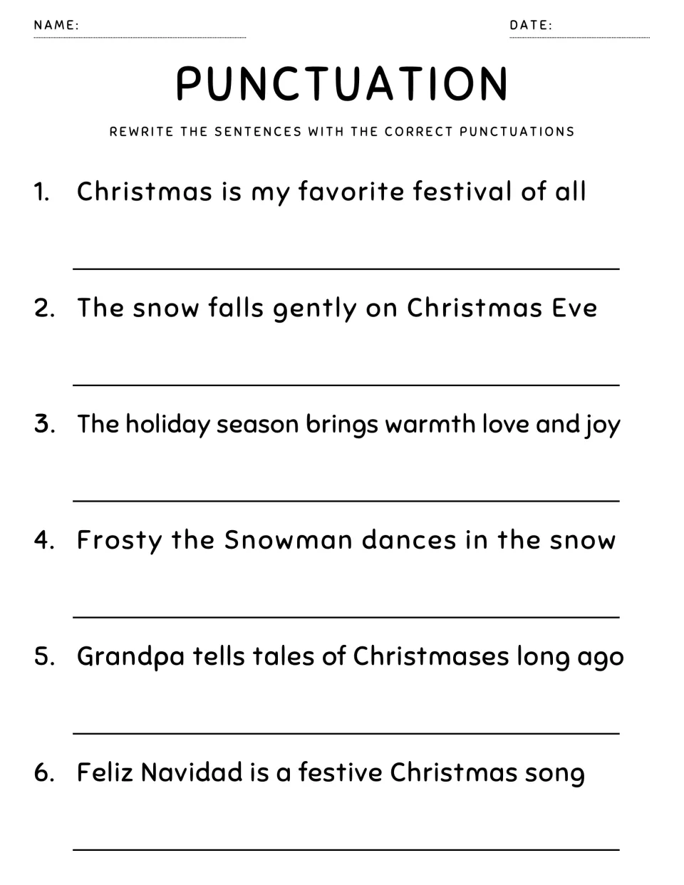 Christmas punctuation: students rewrite 6 sentences, like one about Frosty the Snowman, adding end marks and commas