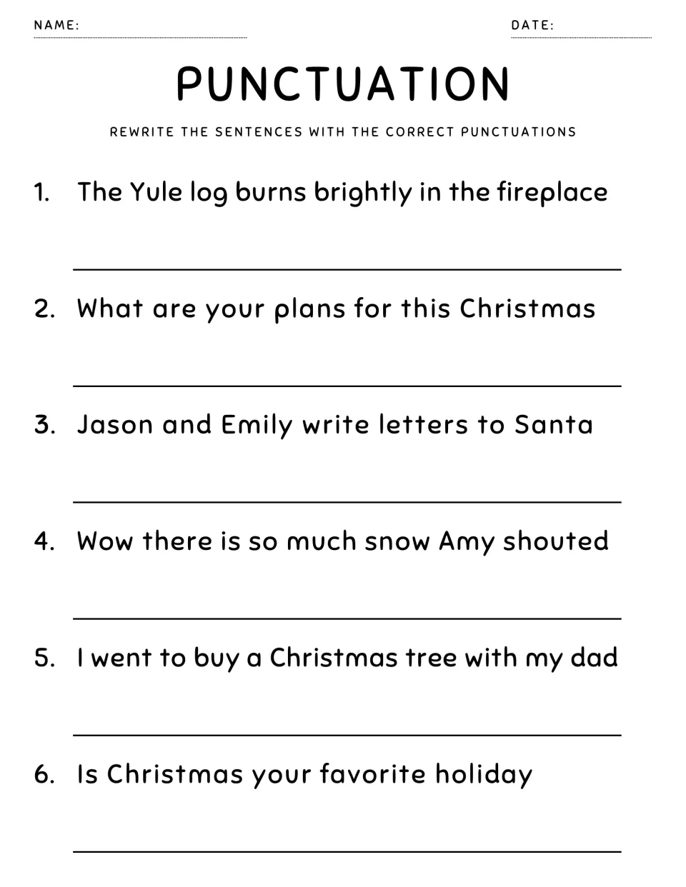 Punctuation rewrite: 6 Christmas sentences mixing questions, a Yule log statement and Amy's shouted quote needing marks