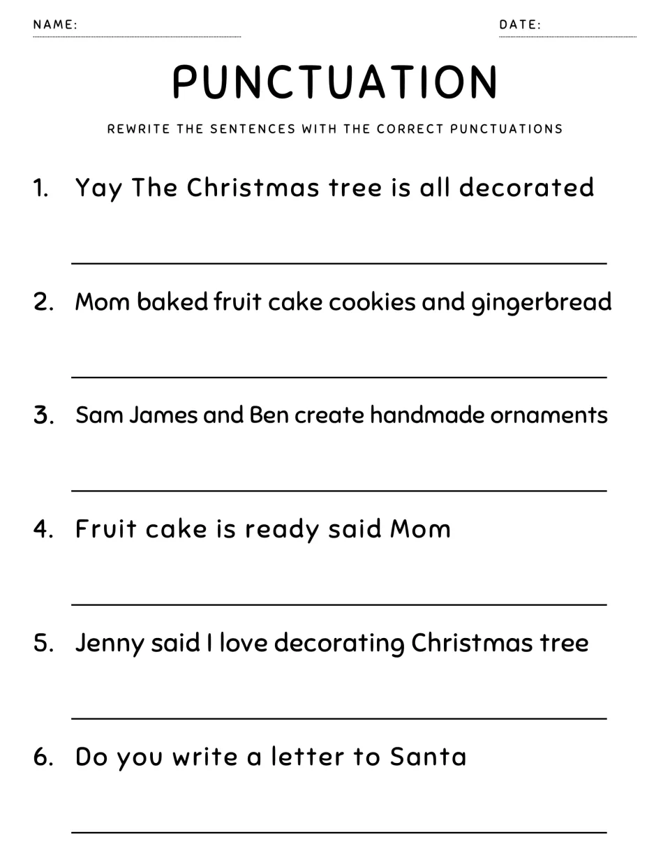 Punctuation rewrite: students fix 6 sentences needing series commas, a Yay exclamation and quotes from Mom and Jenny