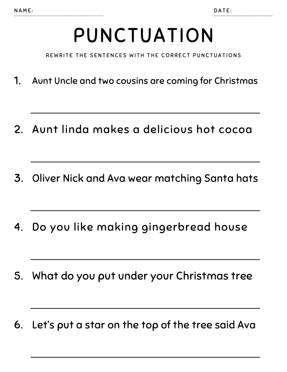 Punctuation rewrite: 6 sentences on family Christmas plans needing list commas, capital Linda, questions and Ava's quote