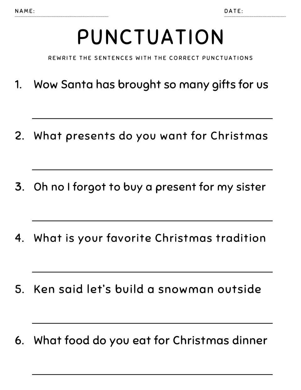 Punctuation rewrite: students correct 6 sentences about Santa's gifts and Christmas dinner with Wow, Oh no and questions