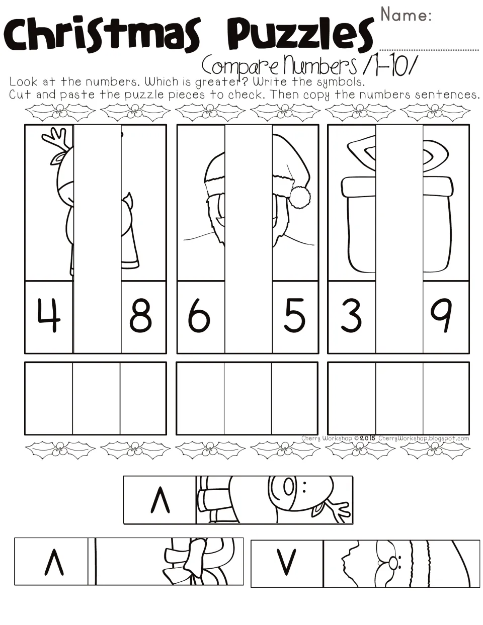 Comparing numbers 1-10: students write < or > for 4 and 8, 6 and 5, 3 and 9, then paste picture strips to check