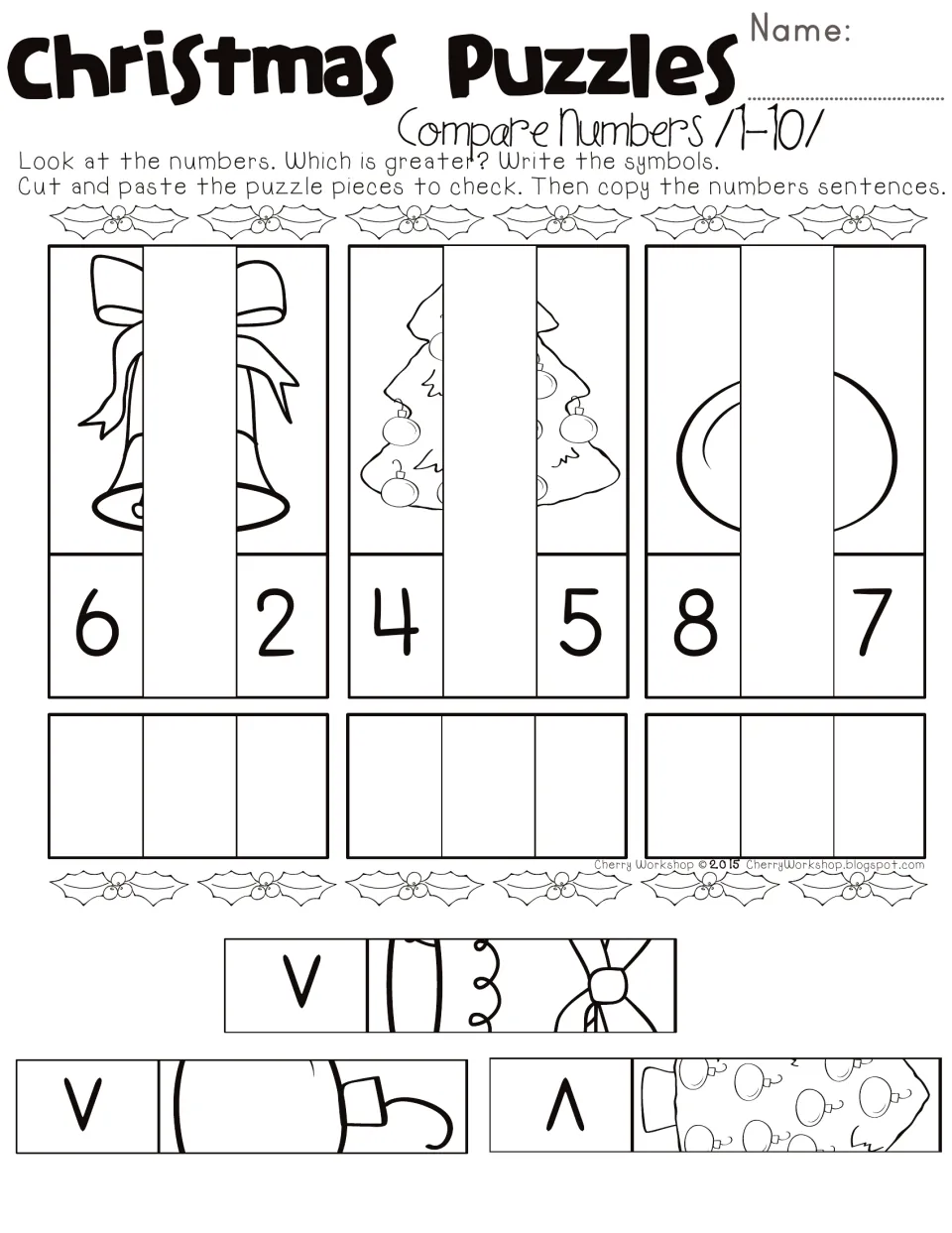 Comparing numbers 1-10: students choose < or > for 6 and 2, 4 and 5, 8 and 7, then cut and glue bell and tree strips
