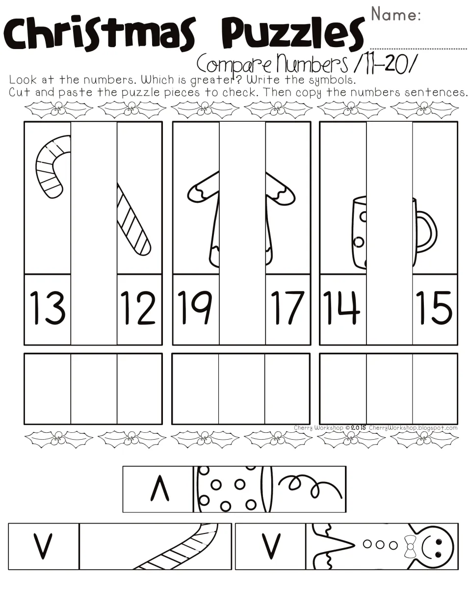 Comparing numbers 11-20: students write < or > for 13 and 12, 19 and 17, 14 and 15, then glue candy cane and mug strips