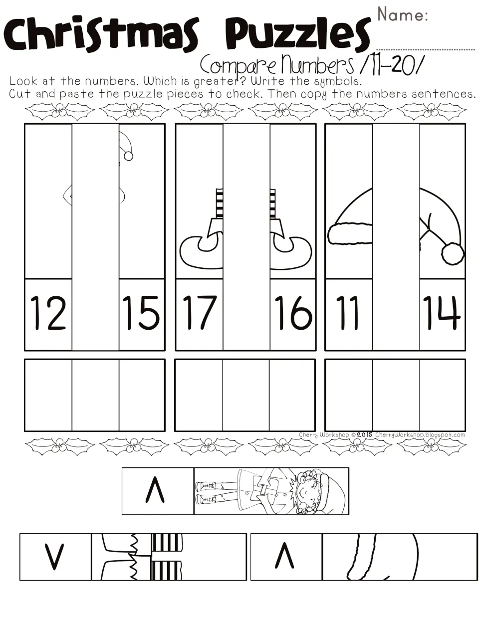 Comparing numbers 11-20: students choose < or > for 12 and 15, 17 and 16, 11 and 14, then paste elf and Santa hat strips