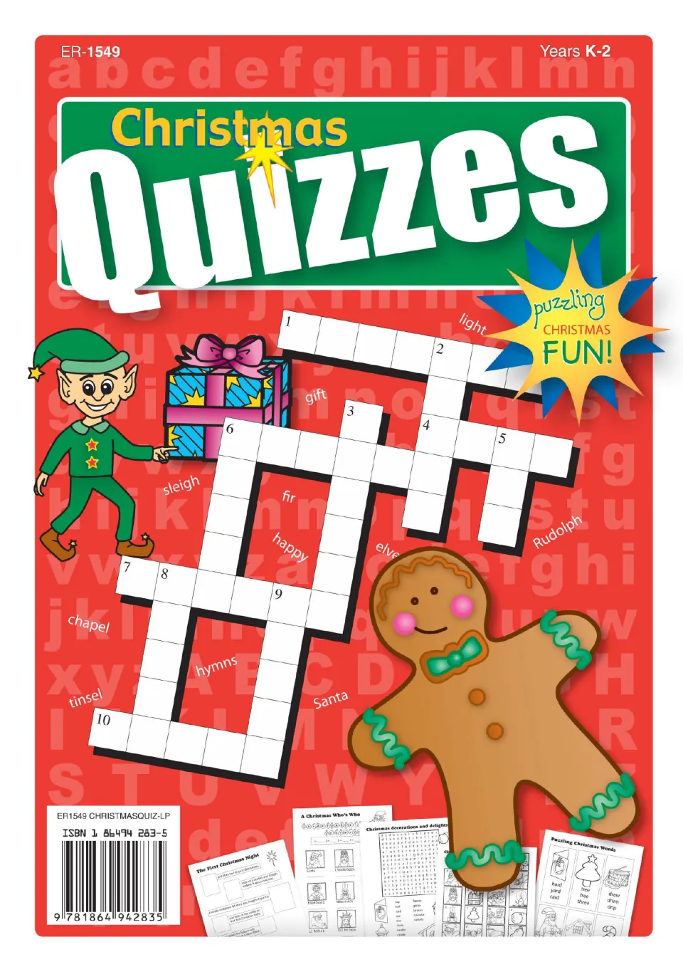 Cover of Christmas Quizzes for years K–2, featuring a sample crossword and previews of activity pages