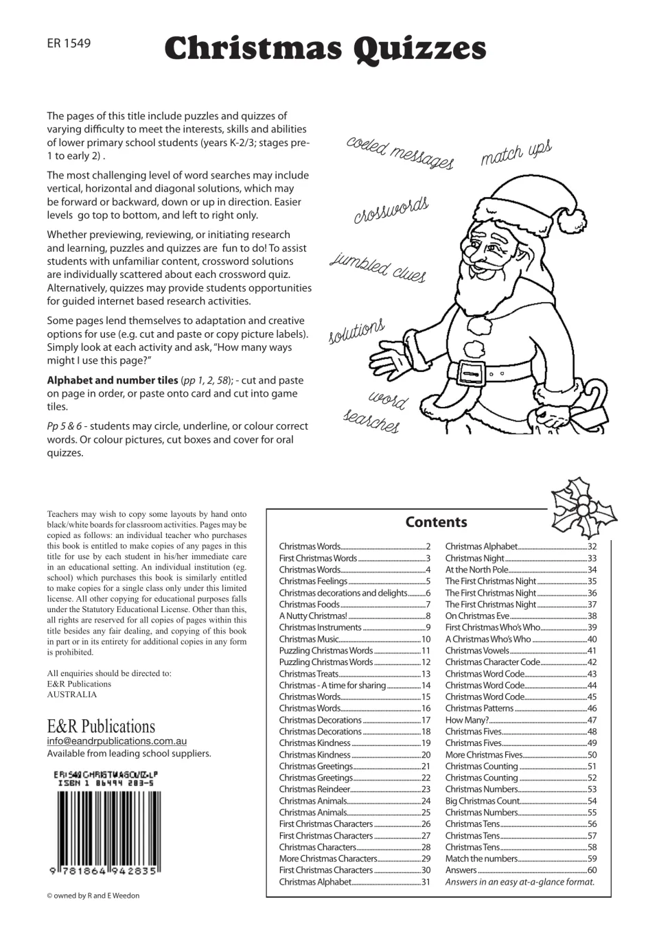 Workbook introduction and contents list covering crosswords, word searches, Christmas counting, and answers