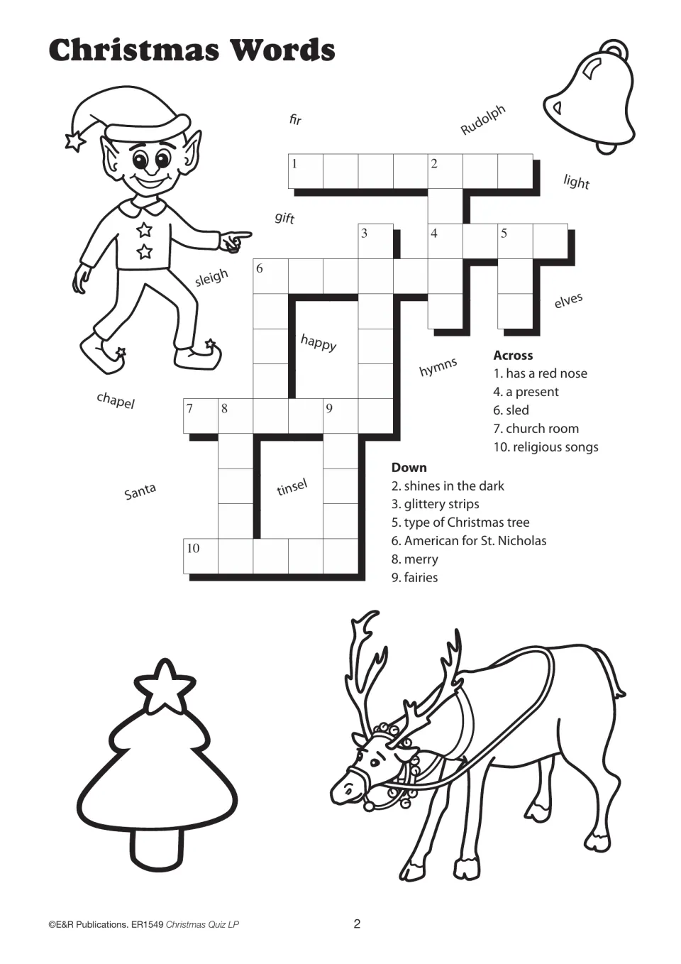 Christmas vocabulary crossword with 10 clues and supplied words including Rudolph, gift, sleigh, and hymns