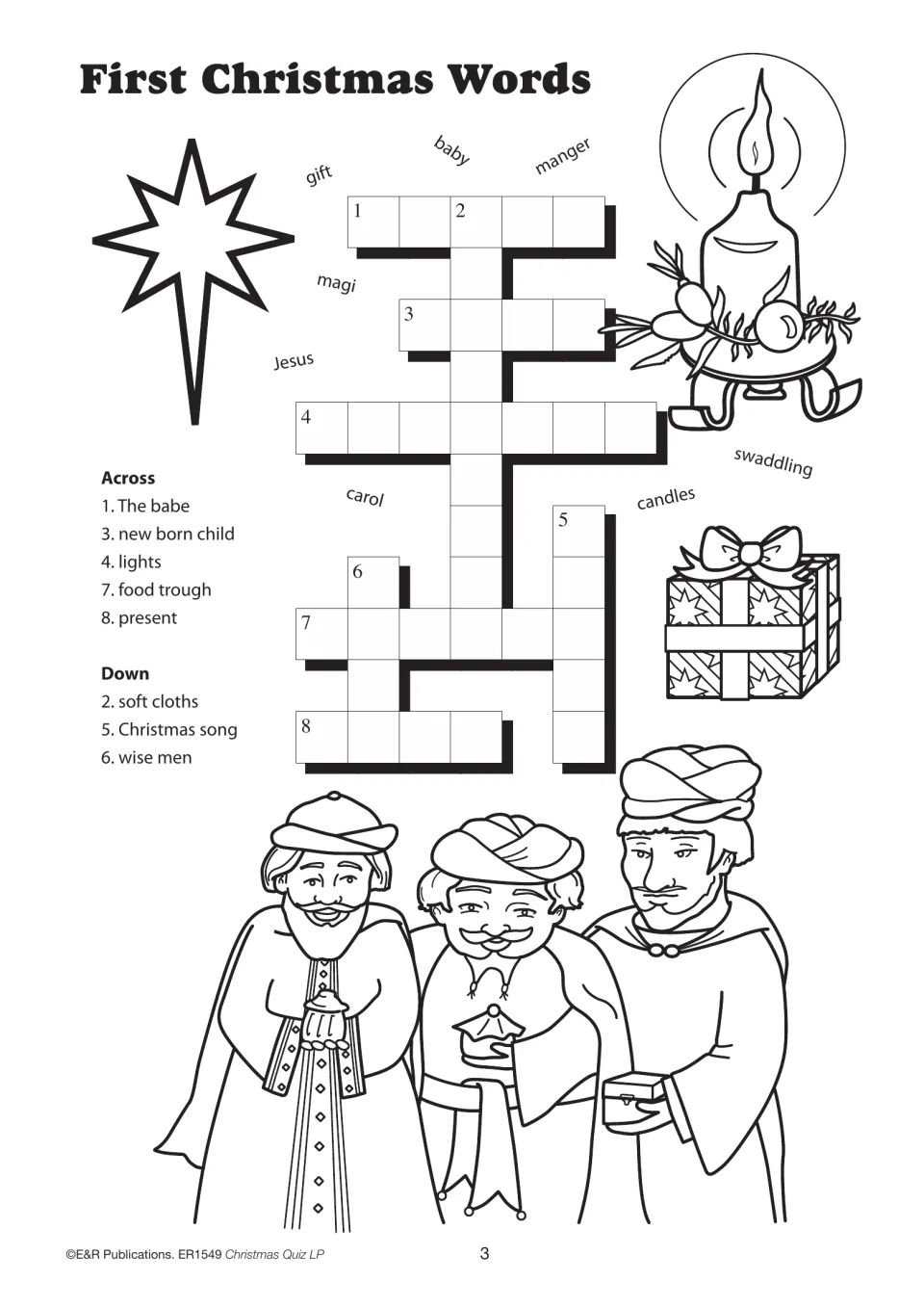 First Christmas vocabulary crossword with eight clues and words including Jesus, baby, manger, and magi