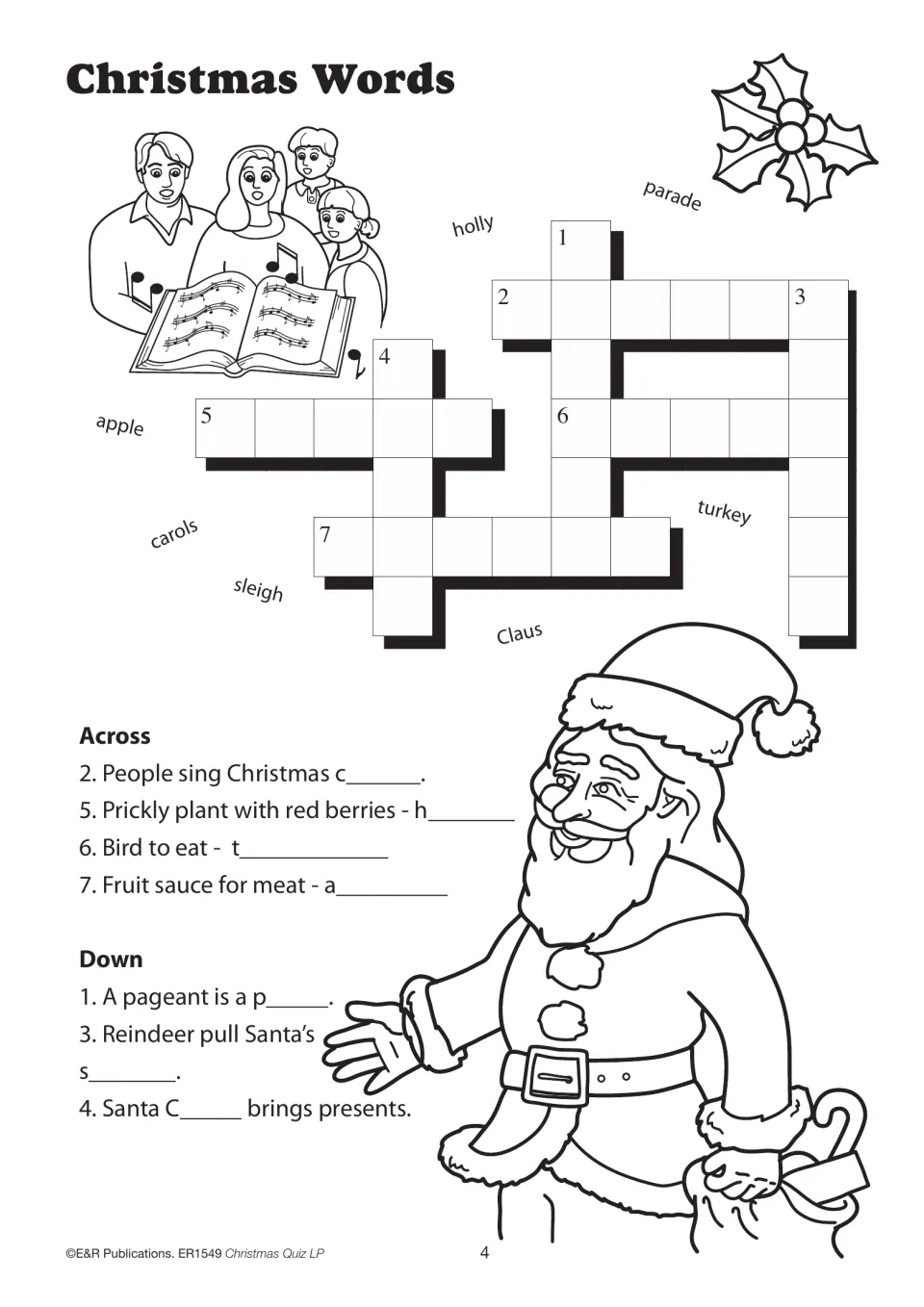Christmas vocabulary crossword with seven fill-in clues about carols, holly, turkey, apple, and Santa Claus