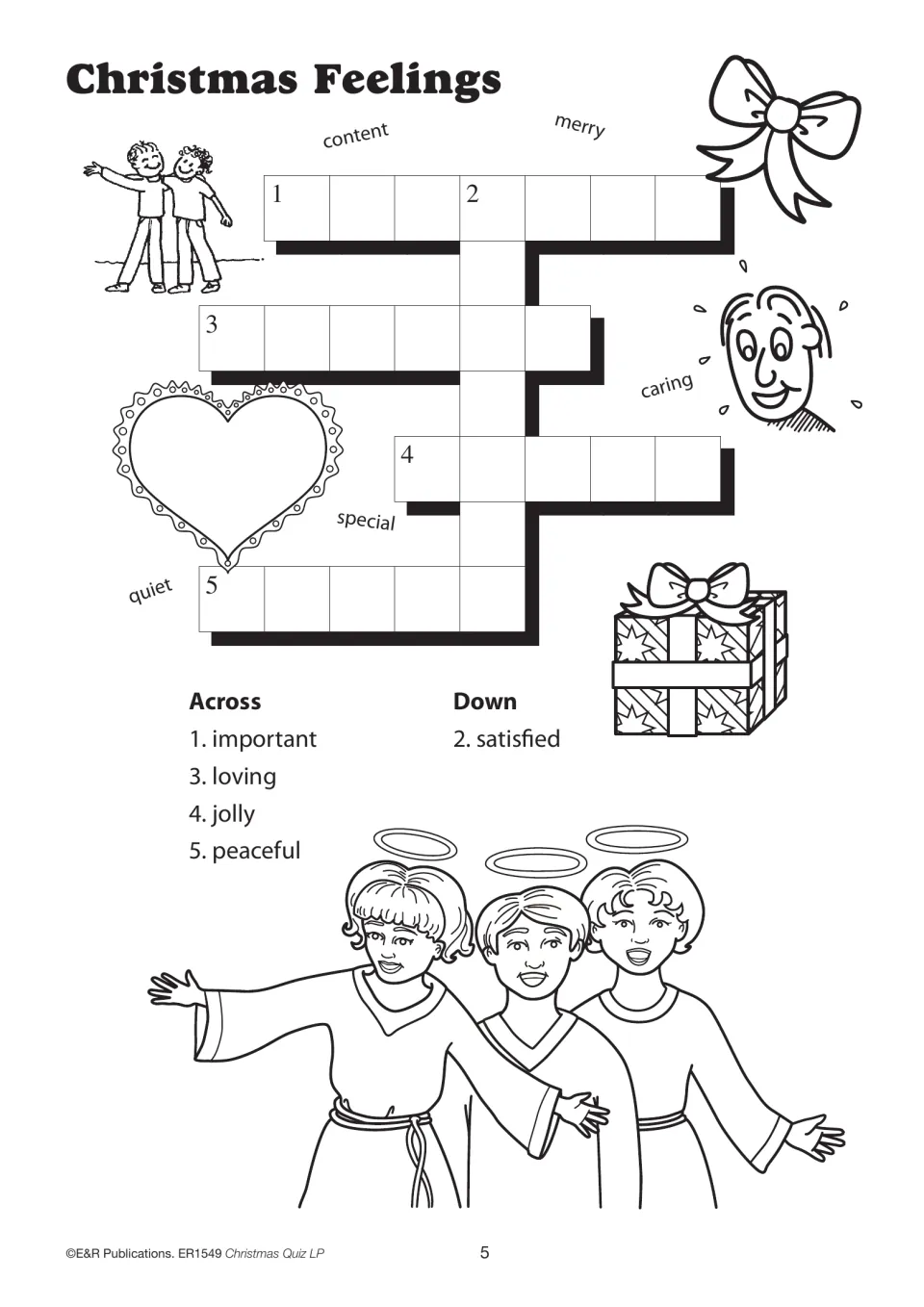 Christmas feelings crossword matching five clues to the words special, caring, merry, quiet, and content