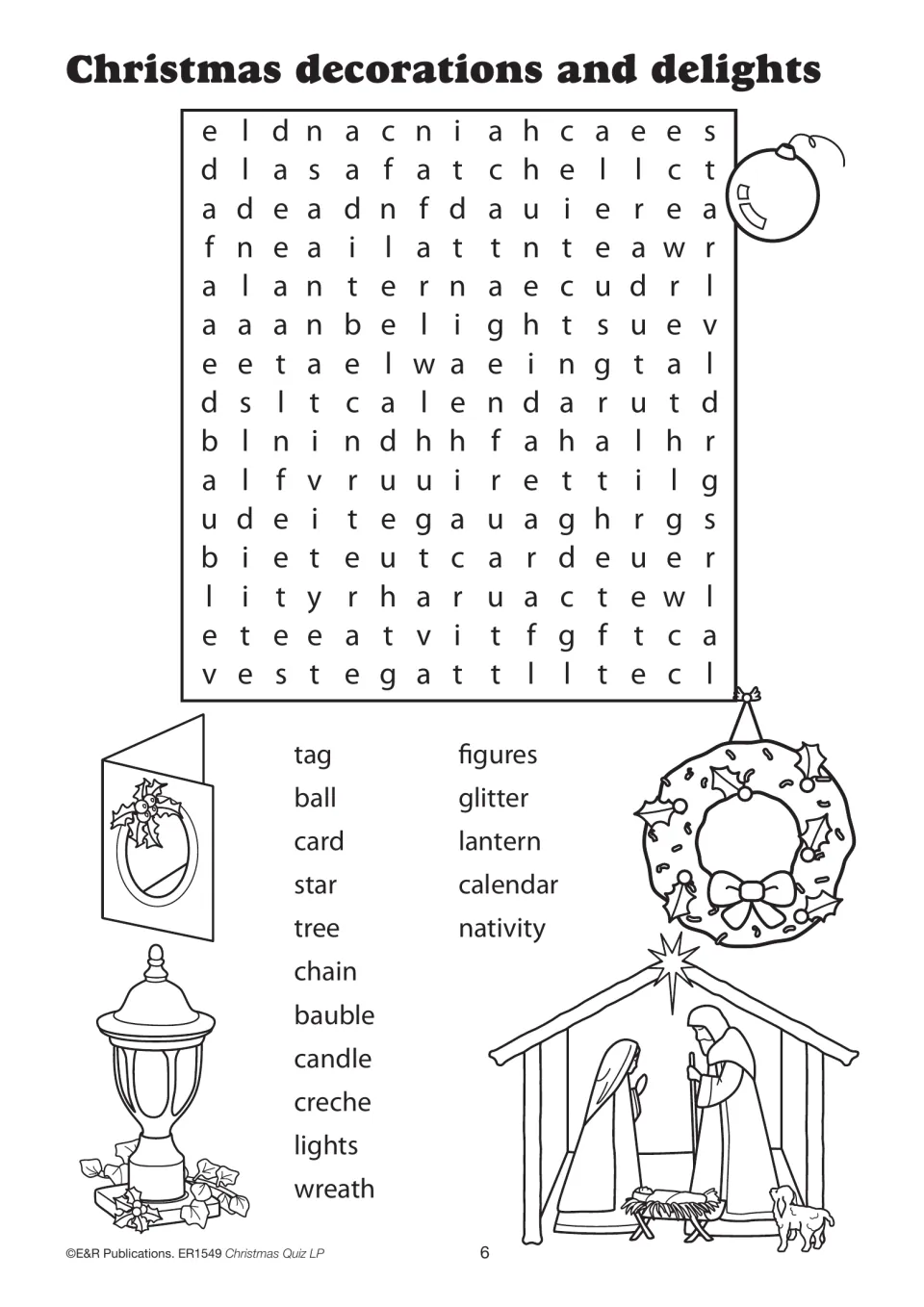 Christmas decorations and delights word search with 16 listed words, including bauble, lantern, and nativity