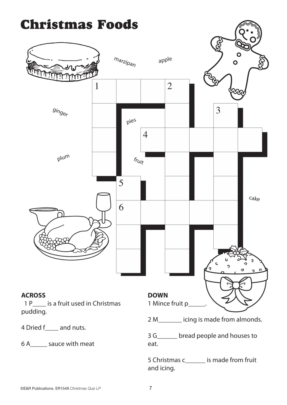 Christmas foods crossword with seven clues using plum, fruit, apple, pies, marzipan, ginger, and cake