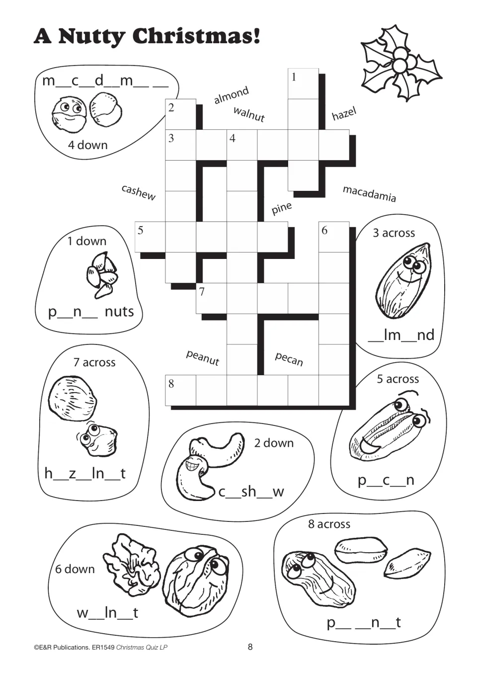 Christmas nut crossword with eight illustrated missing-letter clues, including almond, cashew, and pecan