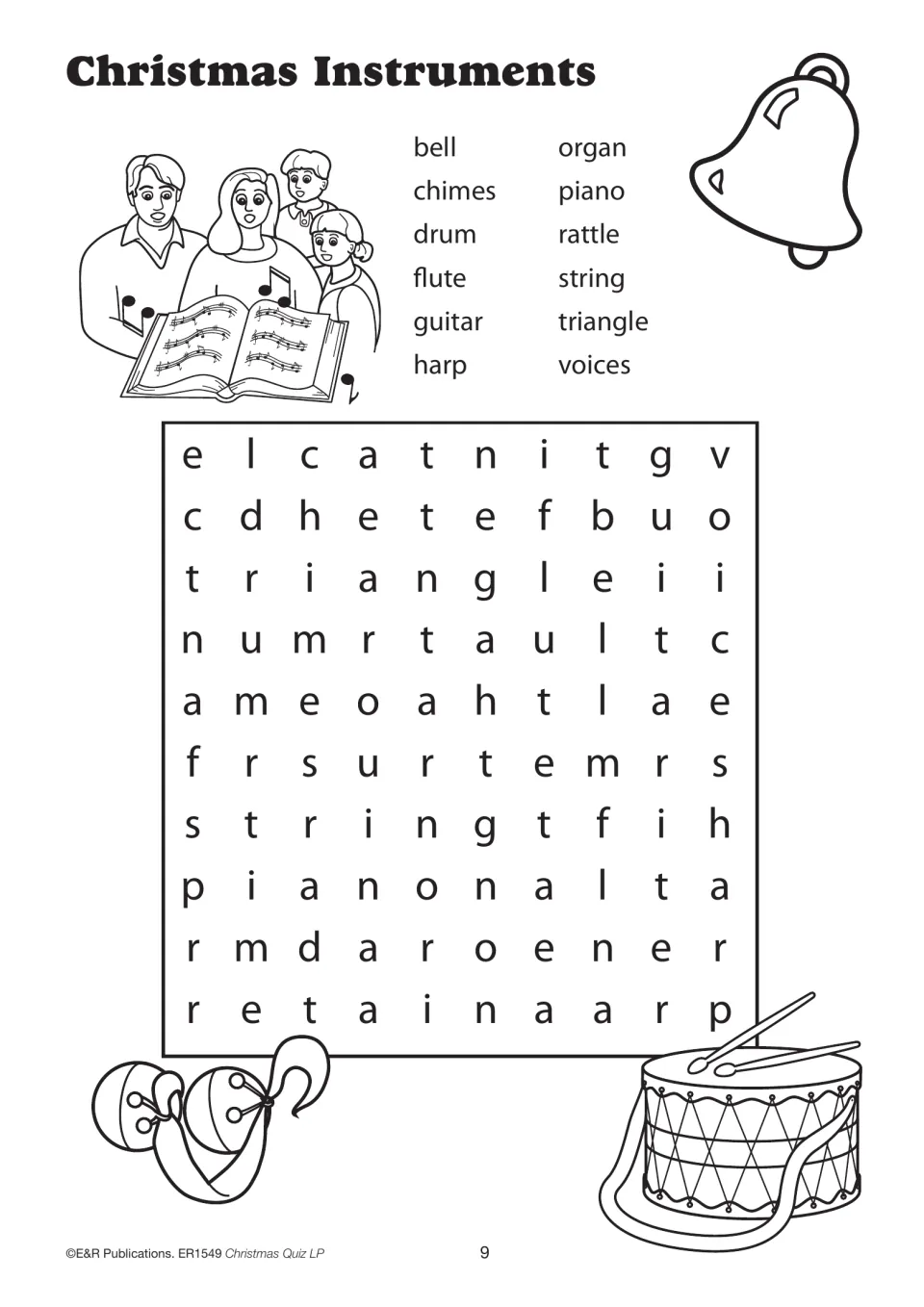 Christmas instruments word search with 12 listed words, including bell, chimes, drum, flute, and voices