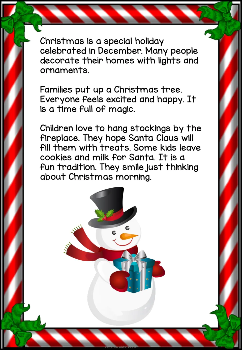 First reading passage page describes Christmas decorations, trees, stockings, and cookies and milk for Santa.