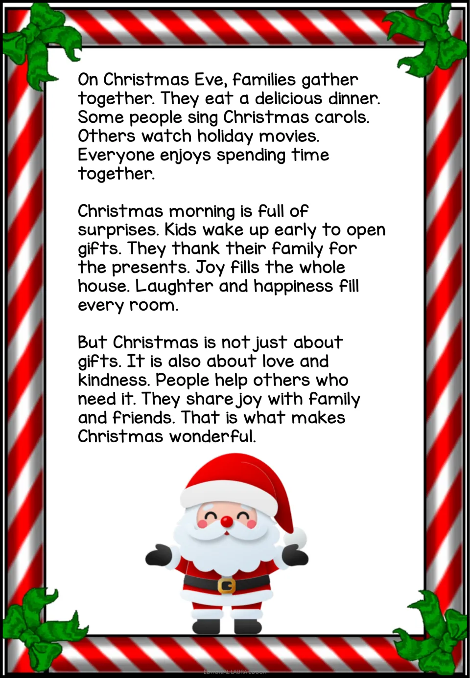 Second reading passage page describes Christmas Eve gatherings, opening gifts, love, kindness, and helping others.