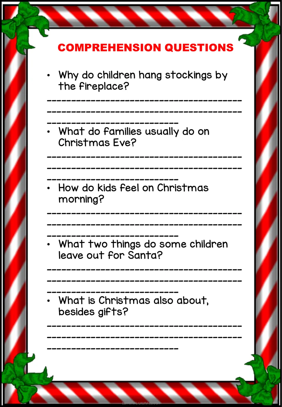 Five comprehension questions ask about stockings, Christmas Eve, children's feelings, Santa, and kindness.