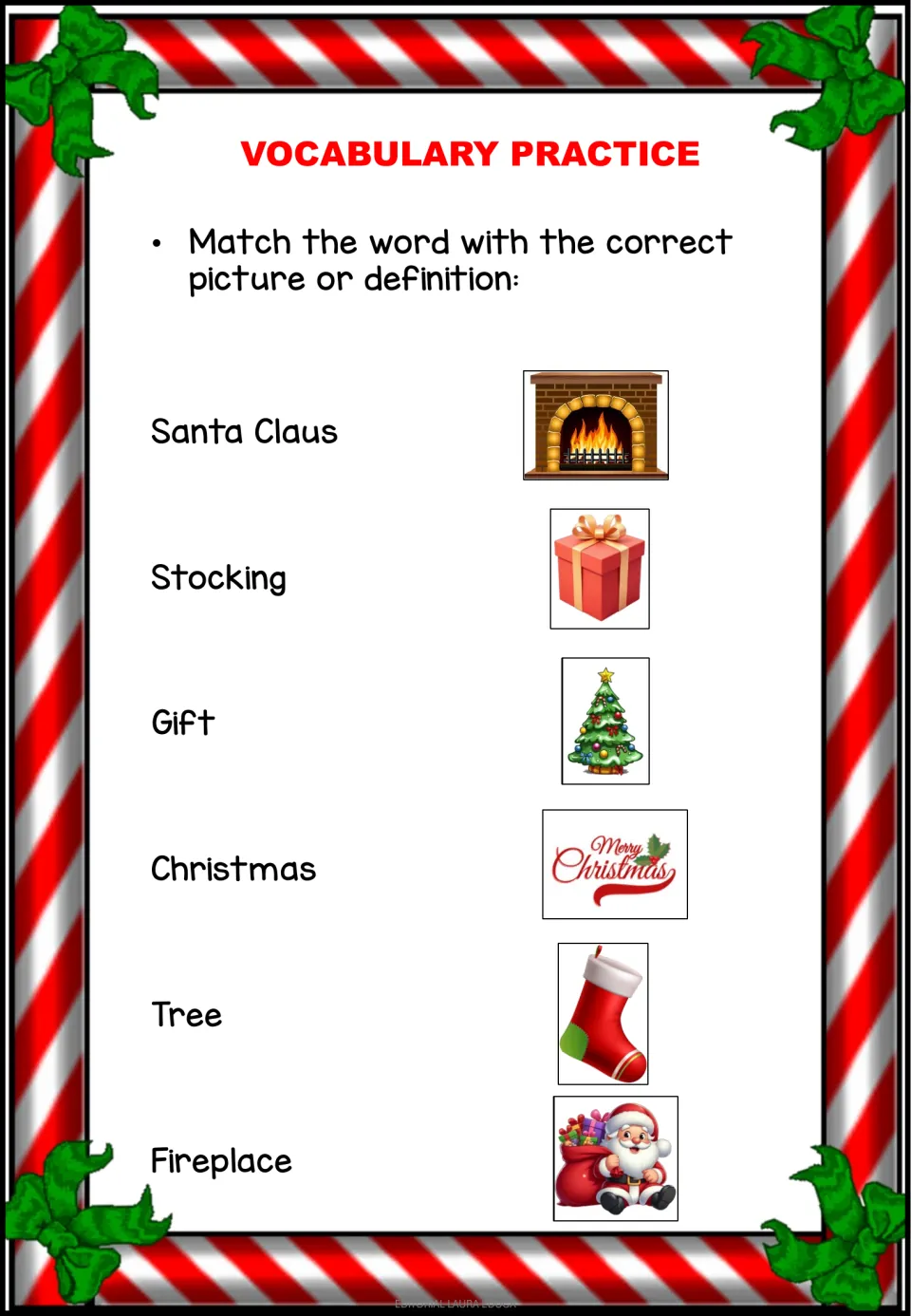 Vocabulary practice matches six words to pictures: Santa Claus, stocking, gift, Christmas, tree, and fireplace.