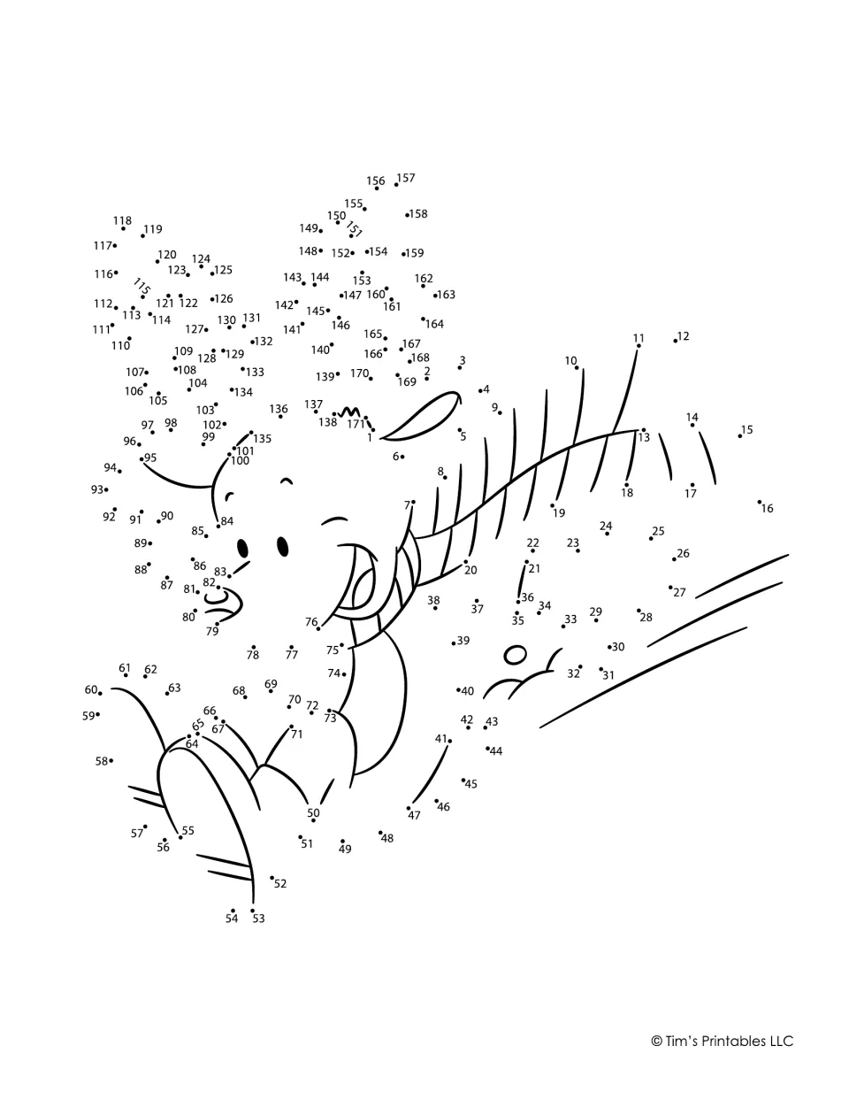 Christmas reindeer dot-to-dot activity with dots numbered 1–171 and a reindeer sliding through the snow