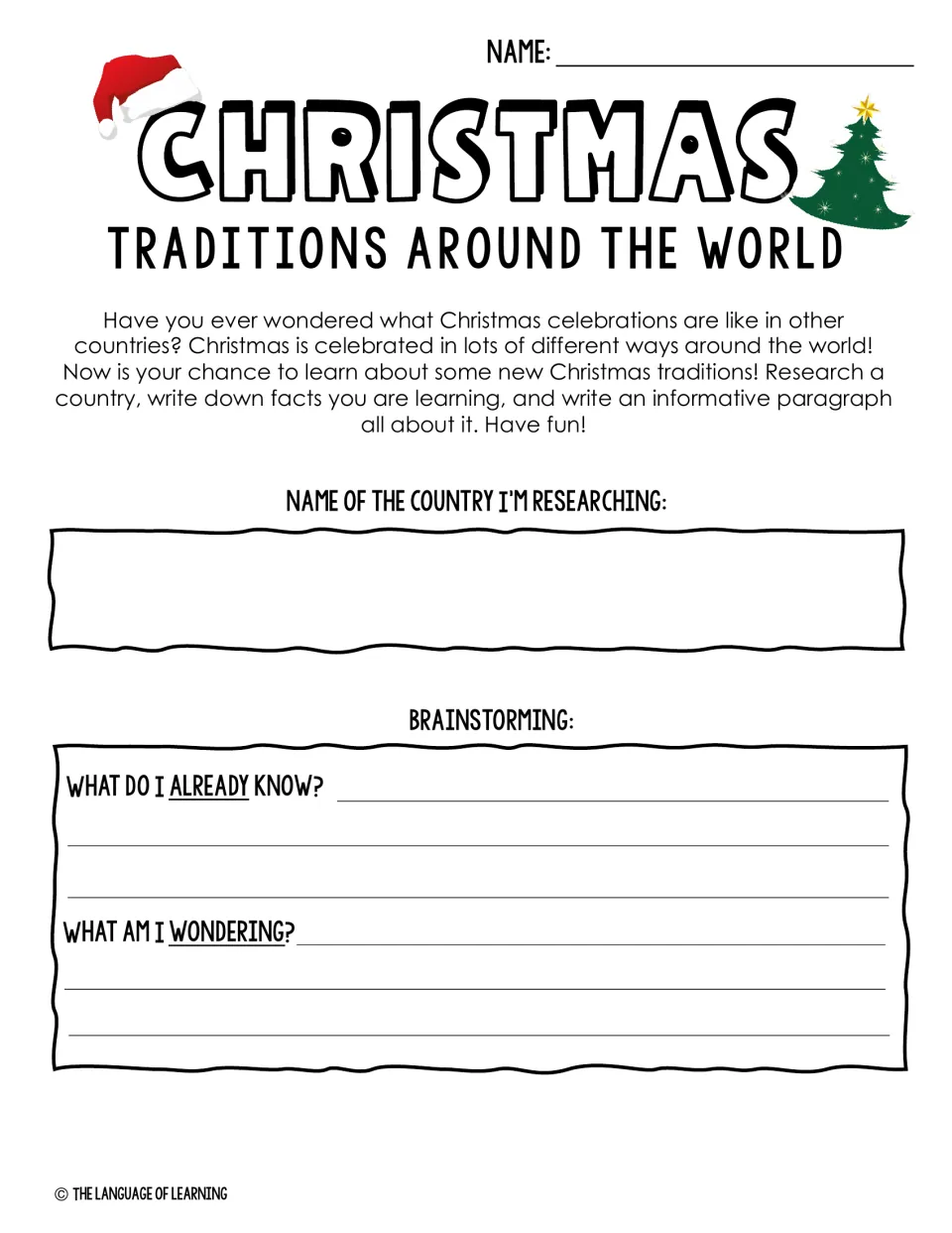 Christmas research introduction: choose a country and brainstorm what you already know and wonder.