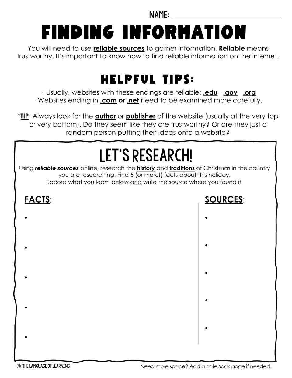 Christmas research guide: evaluate reliable sources and record five or more facts about history and traditions.