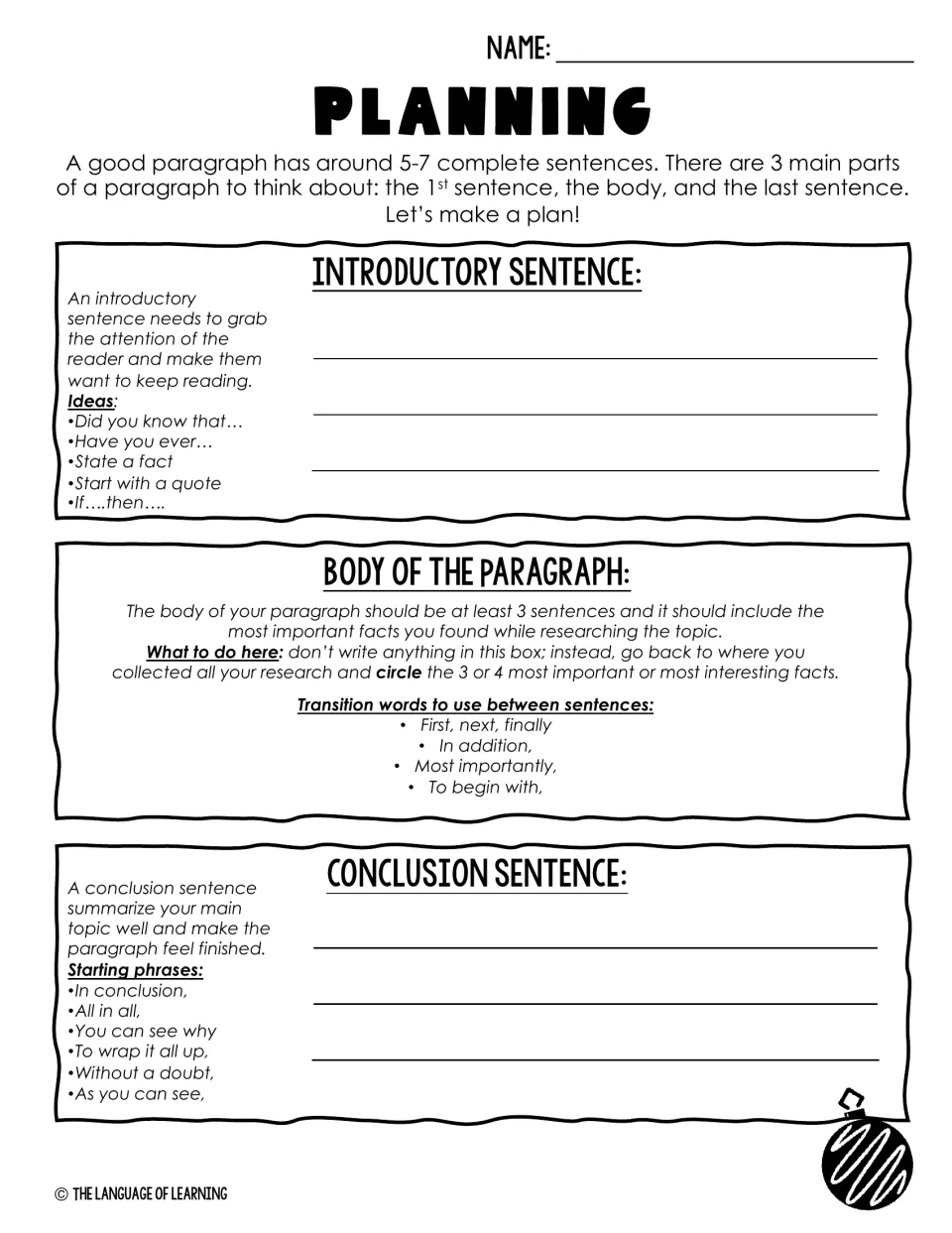 Christmas paragraph planning: draft an introduction and conclusion, choose key facts, and review transitions.