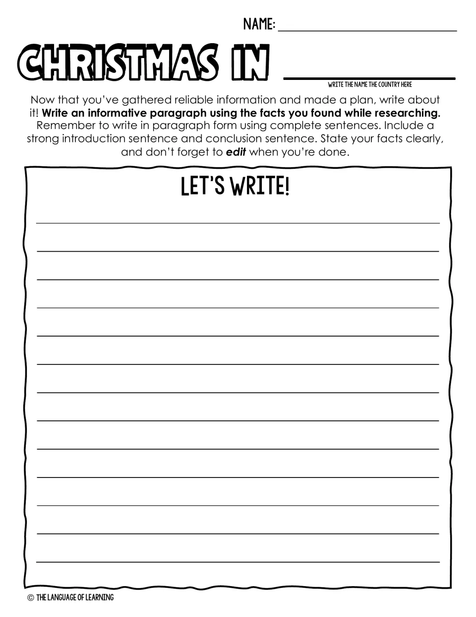 Christmas in a chosen country: write an informative paragraph using researched facts, then edit your work.