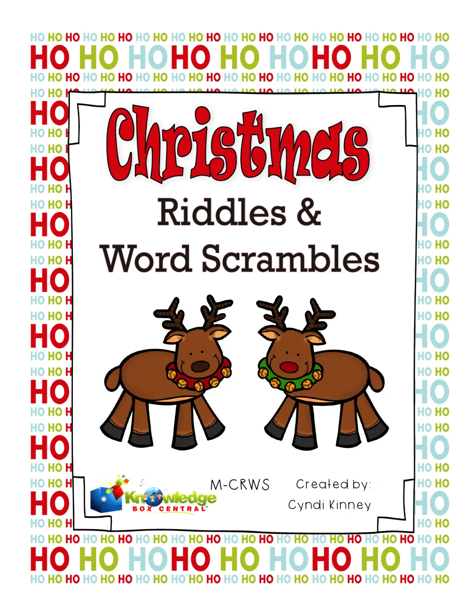 Christmas Riddles & Word Scrambles cover by Cyndi Kinney, showing two cartoon reindeer on a HO HO HO background